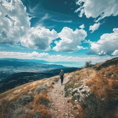 A person hiking up a mountain trail with a vast sky in the background. 