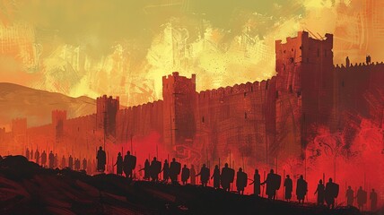 A minimalist graphic depiction of the historic event showcasing the Jewish army marching around Jericho, portrayed with clean lines and abstract forms, capturing the essence of the ancient biblical 