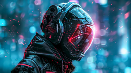 A futuristic hacker wearing cyberpunk helmet. Cyber security, cyber crime and system hacking concept. 