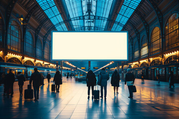 Blank billboard at train station with travelers and illuminated surroundings