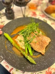 gourmet plate, baked salmon, creamy risotto, sugar snap pea sprouts, green asparagus, yellow sea buckthorn sauce