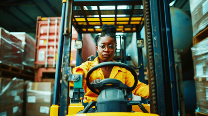 A focused worker operates a forklift inside a warehouse filled with stacked pallets and shipping containers. The worker is dressed in a yellow uniform and wearing glasses.