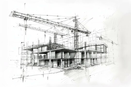 Pencil drawing of a building under construction with detailed scaffolding and cranes