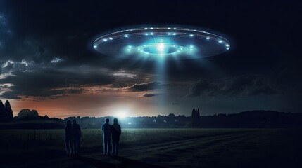 Contact with extraterrestrial civilizations. UFO - alien spaceship at night. Several people are...