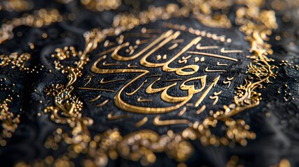 Photograph of Arabic calligraphy in gold or black ink featuring Quranic verses on elegant paper ai image