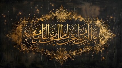 Photograph of Arabic calligraphy in gold or black ink featuring Quranic verses on elegant paper ai image