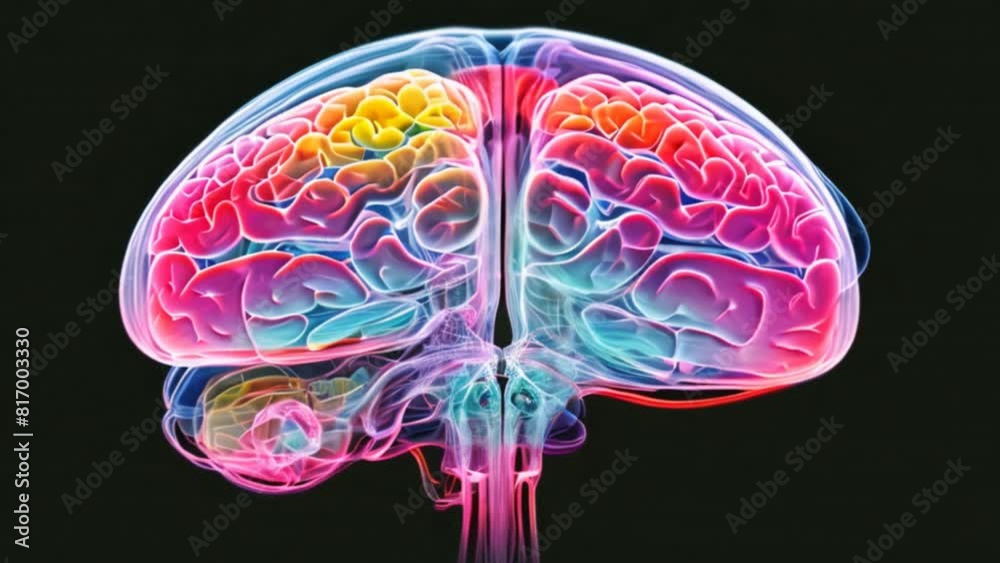 Poster a colorful brain with a red spot on the left is shown in 3d