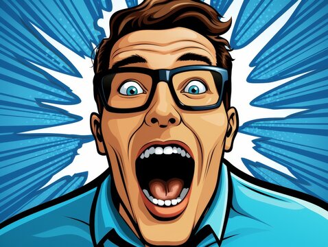 A man with glasses is shouting with a surprised expression on his face.