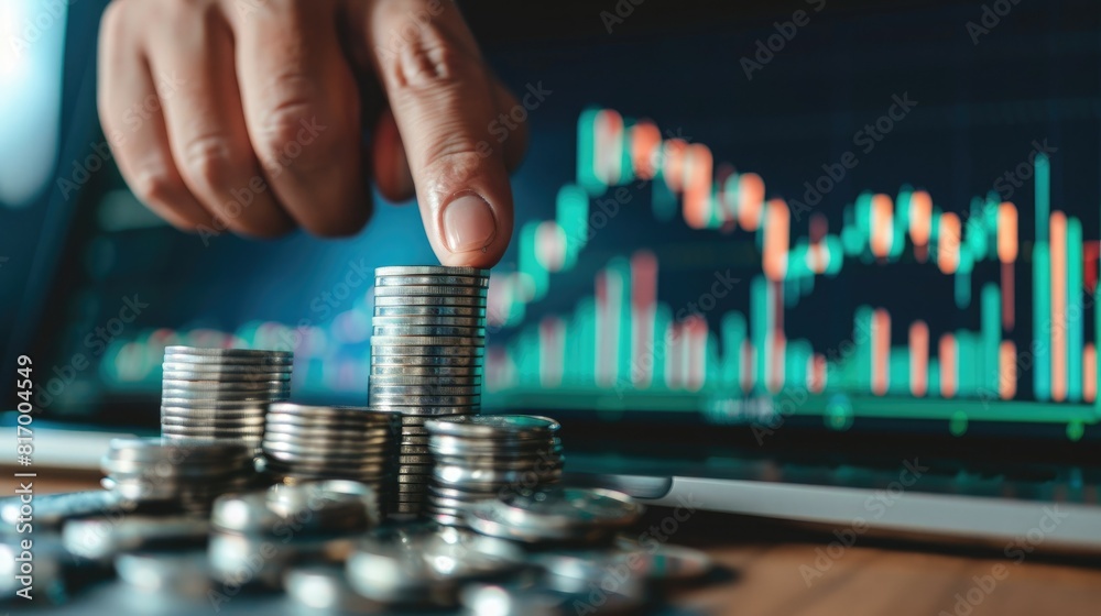 Poster a financial advisor pointing to a positive trend on a trading chart next to a stack of silver coins,