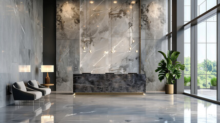 Luxurious modern hotel lobby with a marble reception desk, elegant seating area, indoor plants, and large windows allowing natural light to flood the space.