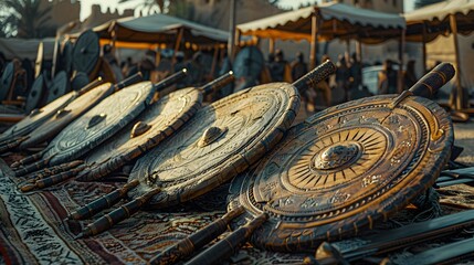 Professional photography of Arabic swords with traditional designs on a decorative background ai image
