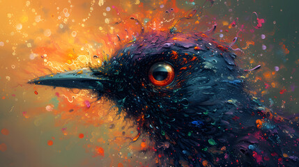 Vibrant Bird Portrait with Abstract Color Splashes. Modern Illustration