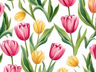 Obraz premium Pink and yellow tulips seamless pattern. Floral background.