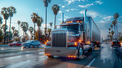 Obraz premium Truck driving on expressway, concept of logistics and delivery.