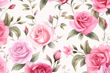 Pink roses and green leaves seamless pattern.