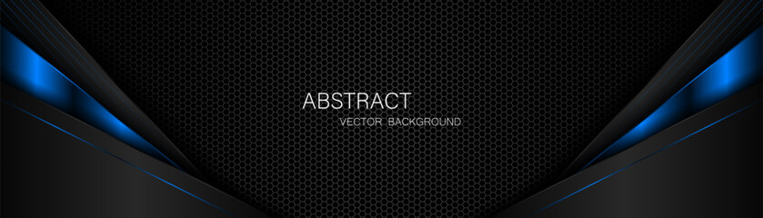 Abstract black and blue polygon with blue glow lines on dark steel mesh background with free space for design. modern technology innovation concept background