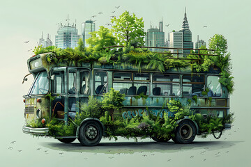Eco-Friendly Bus with Urban Greenery Illustration