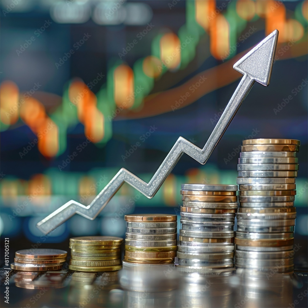 Aufkleber An upward arrow superimposed on a trading chart background with a stack of silver coins at the base, symbolizing financial growth. 