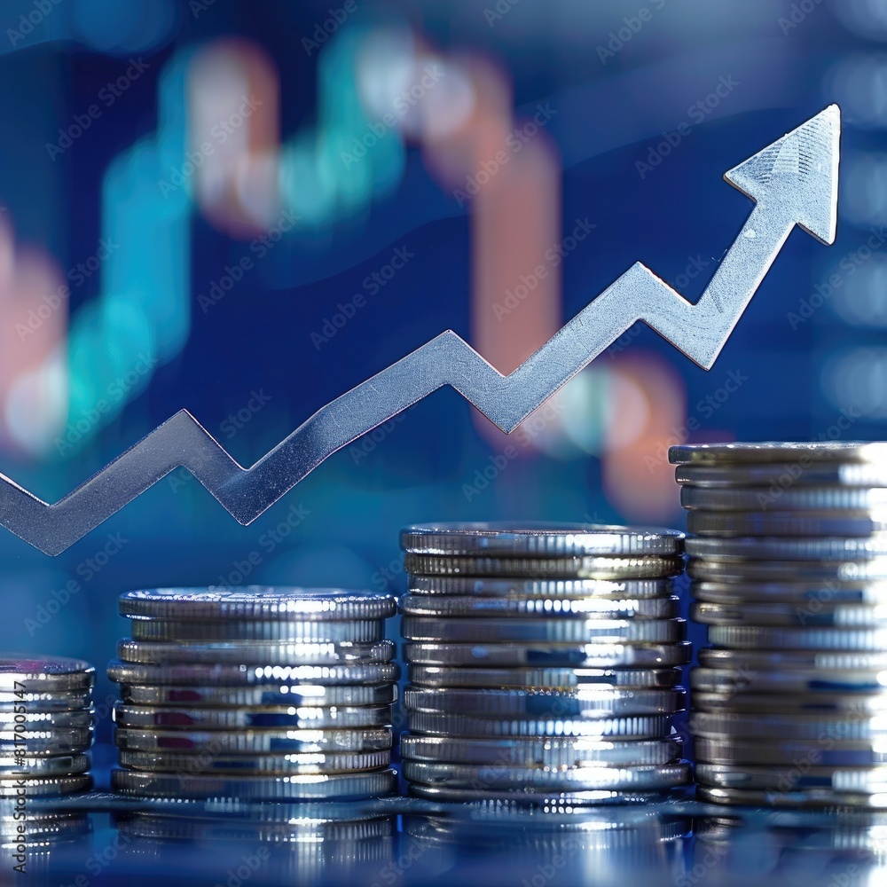 Aufkleber An upward arrow superimposed on a trading chart background with a stack of silver coins at the base, symbolizing financial growth. 