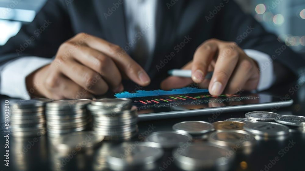 Poster A businessman analyzing market data on a tablet device with a stack of silver coins and a trading chart visible on the screen. 
