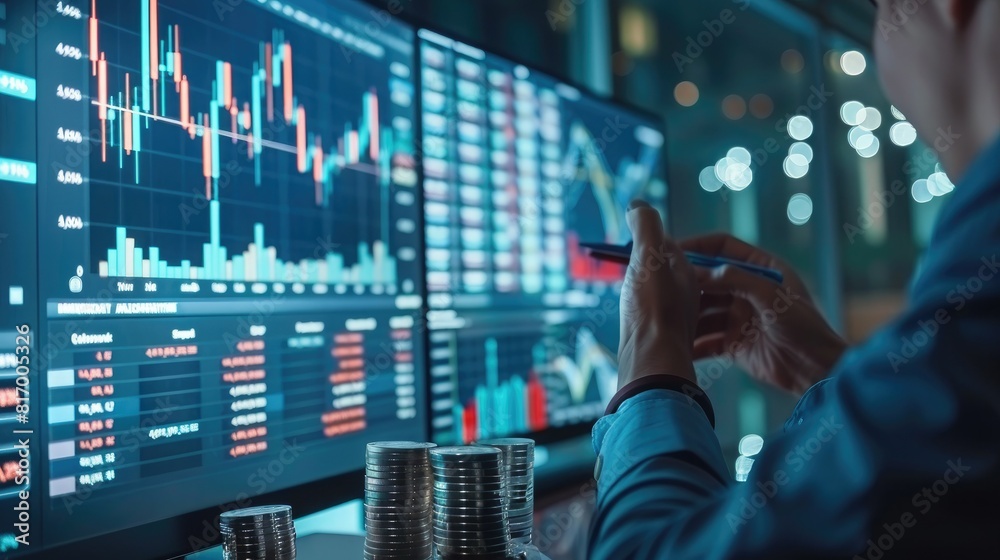 Poster A financial expert giving a presentation on investment strategies with a large trading chart and a stack of silver coins displayed on a screen. 