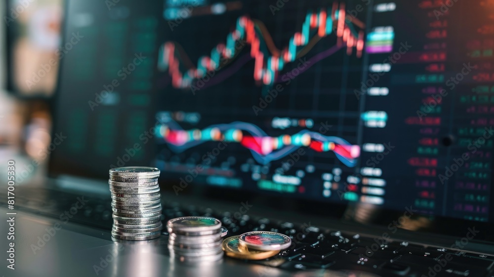 Poster A financial expert giving a presentation on investment strategies with a large trading chart and a stack of silver coins displayed on a screen. 