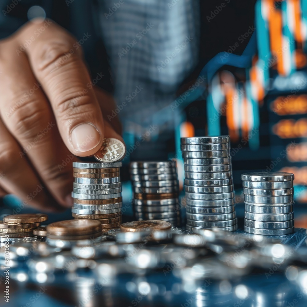 Poster A financial expert giving a presentation on investment strategies with a large trading chart and a stack of silver coins displayed on a screen. 