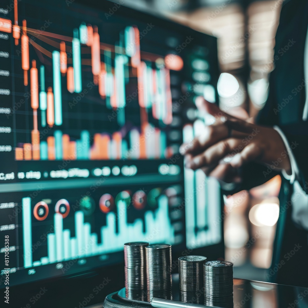 Poster A financial expert giving a presentation on investment strategies with a large trading chart and a stack of silver coins displayed on a screen. 