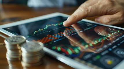Fototapeta premium A businessman analyzing market data on a tablet device with a stack of silver coins and a trading chart visible on the screen. 
