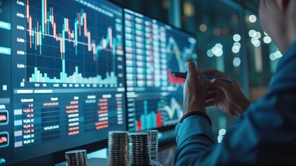 A financial expert giving a presentation on investment strategies with a large trading chart and a stack of silver coins displayed on a screen.