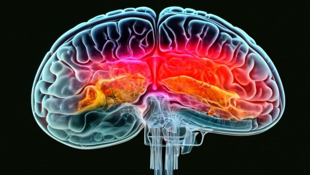 A colorful brain with a red spot on the left is shown in 3D
