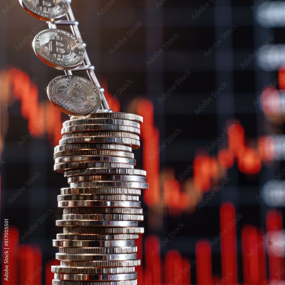 Poster A concept image of a ladder made of stacked silver coins ascending against the backdrop of a rising trading chart, symbolizing financial ascent