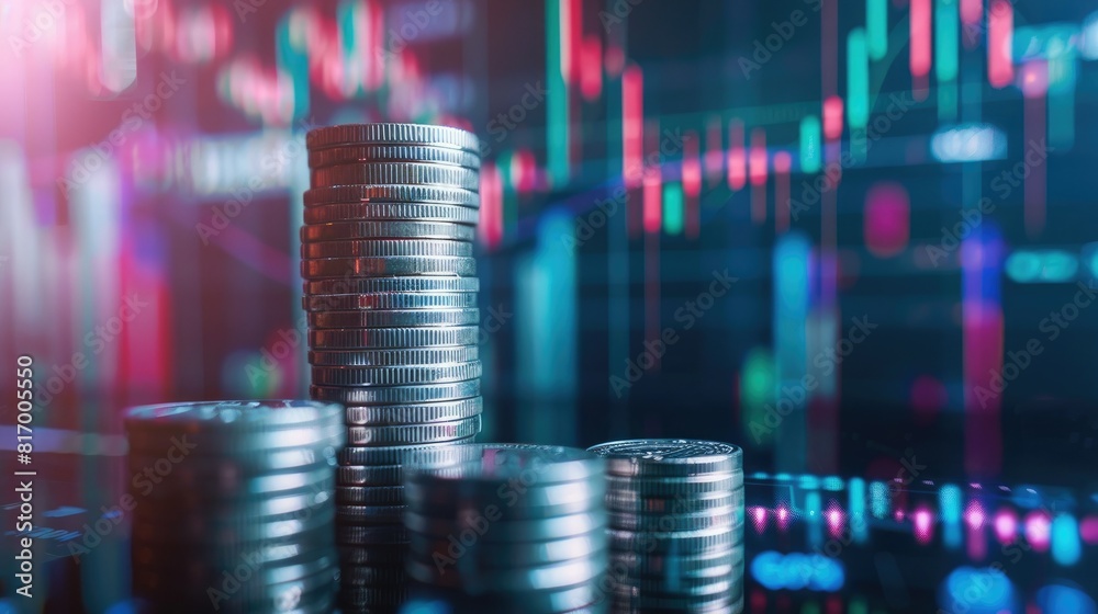 Poster a concept image of a ladder made of stacked silver coins ascending against the backdrop of a rising 