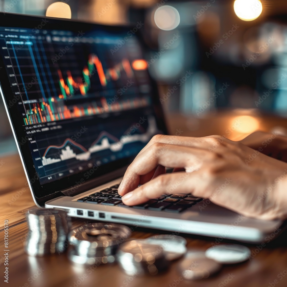 Poster A person using a laptop to monitor stock performance with a stack of silver coins placed next to the keyboard and a trading chart on the screen. 