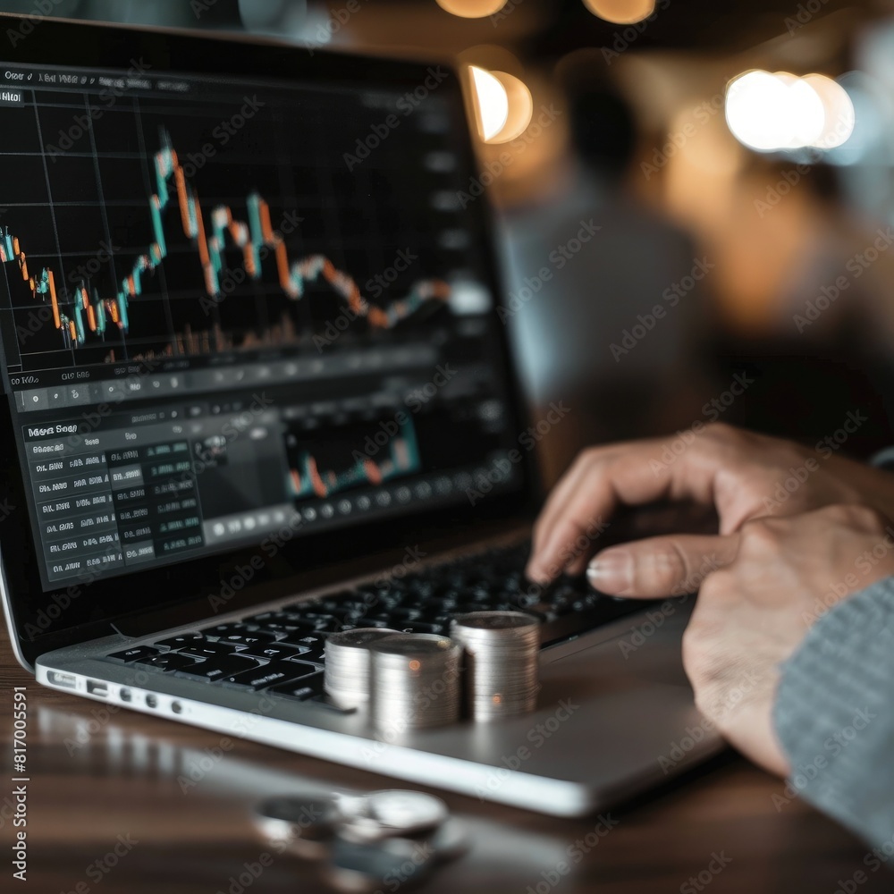 Poster A person using a laptop to monitor stock performance with a stack of silver coins placed next to the keyboard and a trading chart on the screen. 