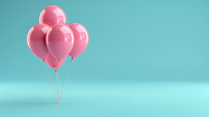 Pink balloons on a pastel blue background. 3d render illustration.
