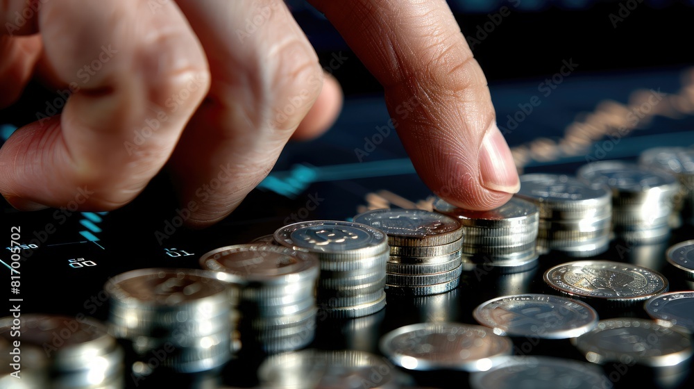 Poster a businessman's hand reaching out to touch a screen displaying a trading chart, with a stack of silv