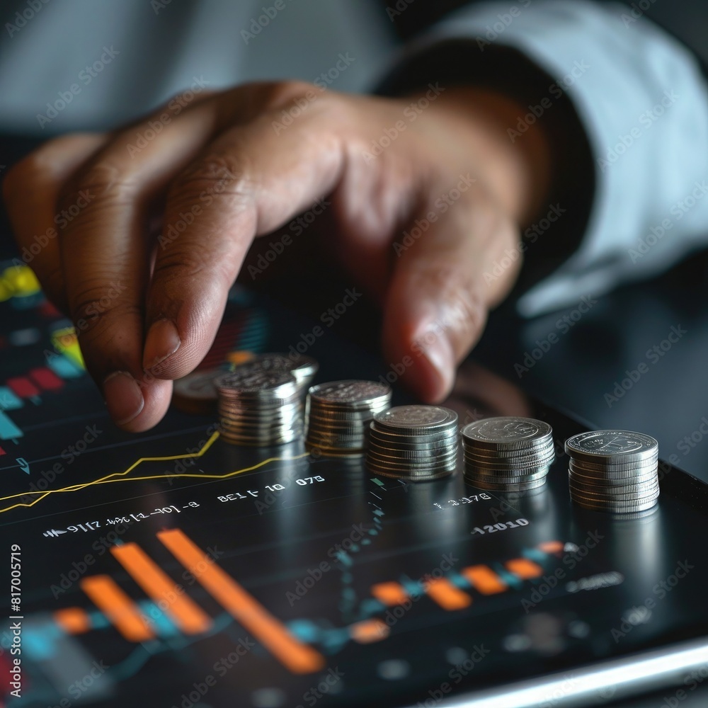 Poster a businessman's hand reaching out to touch a screen displaying a trading chart, with a stack of silv