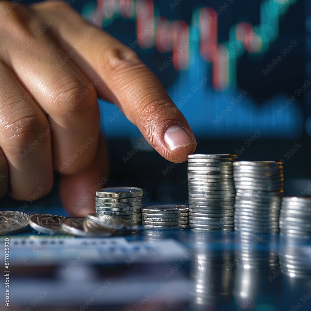 Poster a businessman's hand reaching out to touch a screen displaying a trading chart, with a stack of silv