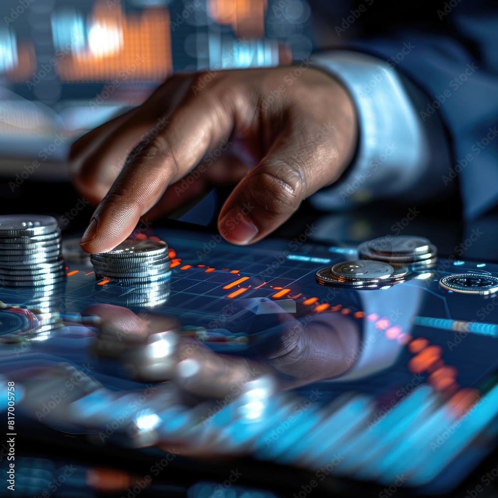 Poster a businessman's hand reaching out to touch a screen displaying a trading chart, with a stack of silv