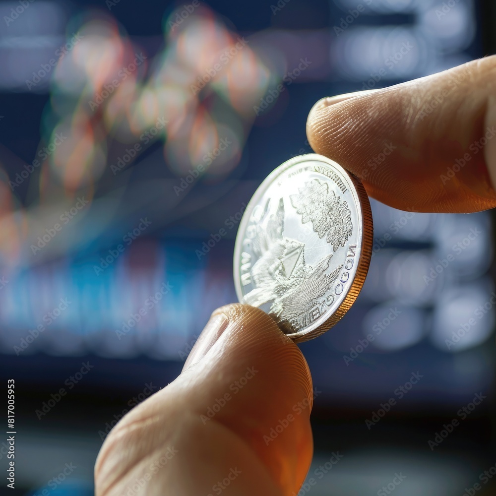 Aufkleber A close-up of a hand holding a silver coin against the backdrop of a trading chart, emphasizing the connection between physical assets and market trends. 