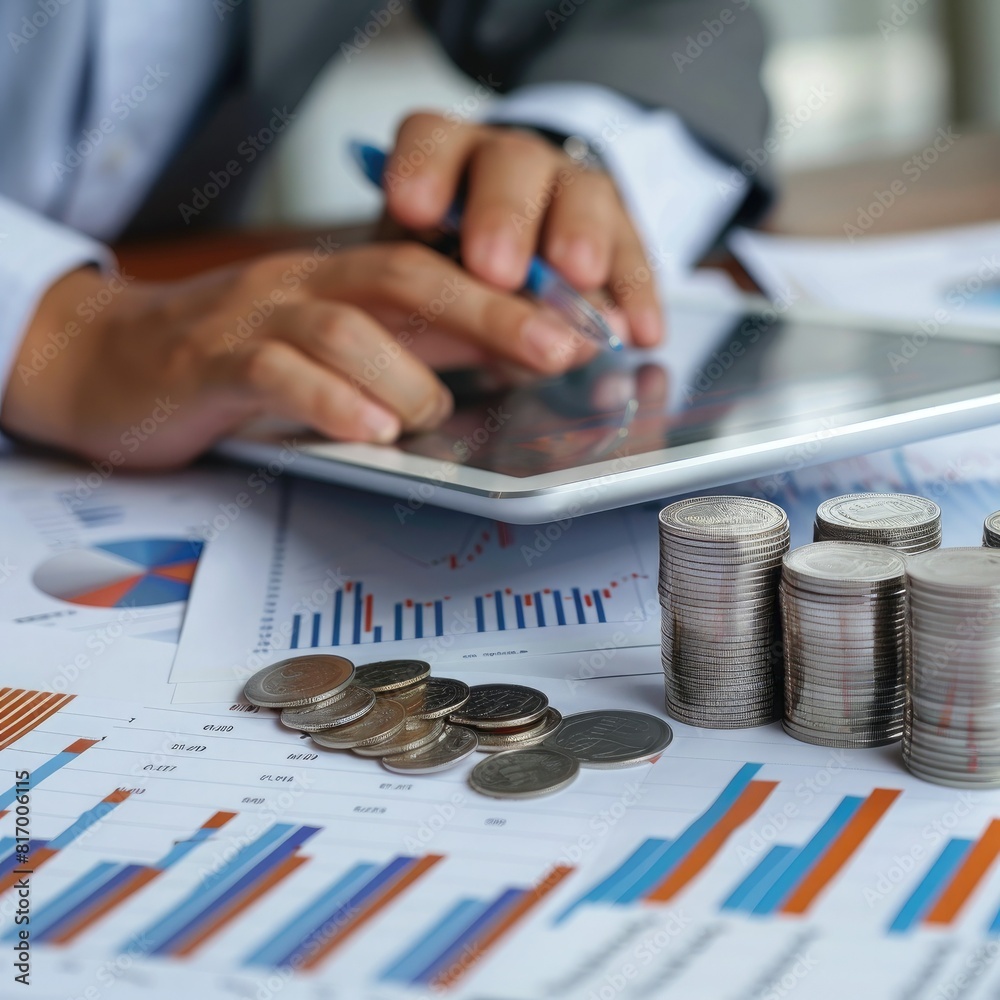 Poster A businessman examining a trading chart on a digital tablet with a stack of silver coins and financial documents spread out on a desk.