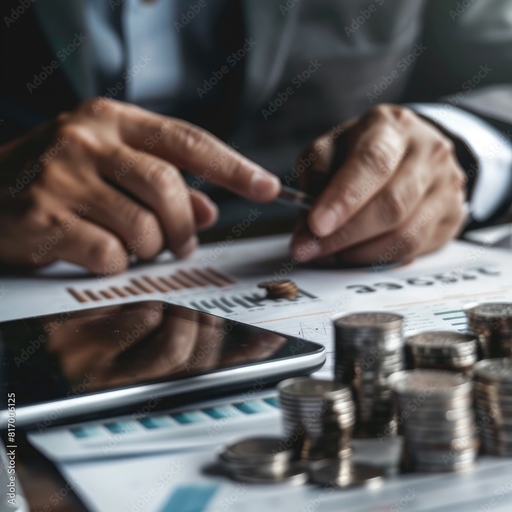 Aufkleber a businessman examining a trading chart on a digital tablet with a stack of silver coins and financi