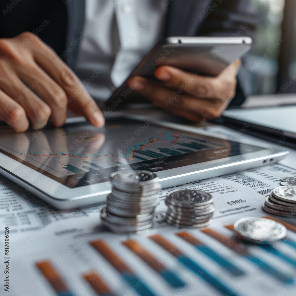 Poster A businessman examining a trading chart on a digital tablet with a stack of silver coins and financial documents spread out on a desk. 