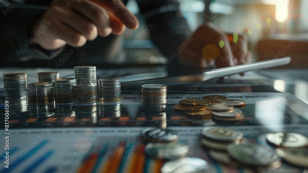 Poster A businessman examining a trading chart on a digital tablet with a stack of silver coins and financial documents spread out on a desk. 