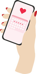 Woman hand holding phone with period tracking app. Female period tracker