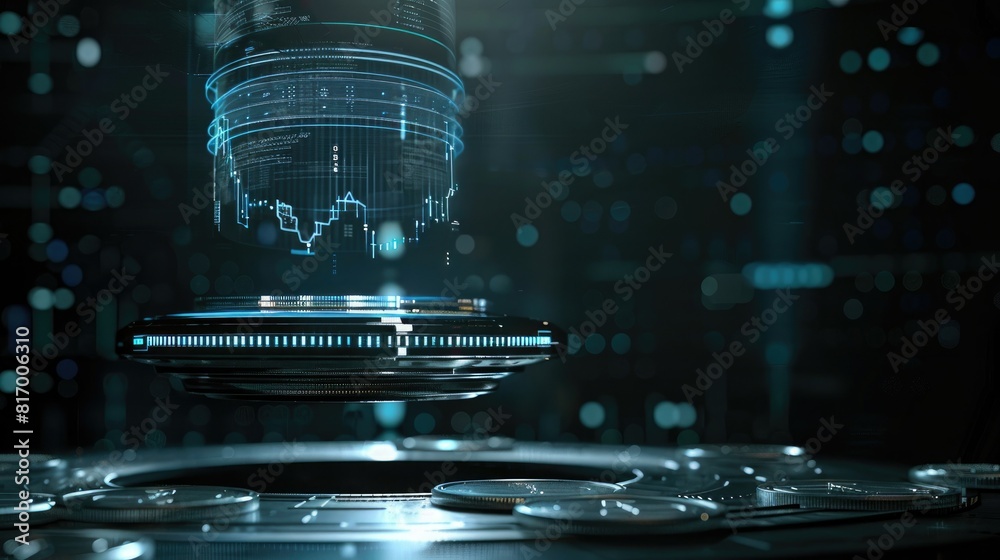 Poster A futuristic holographic projection of a trading chart hovering above a stack of silver coins, representing the intersection of technology and finance. 