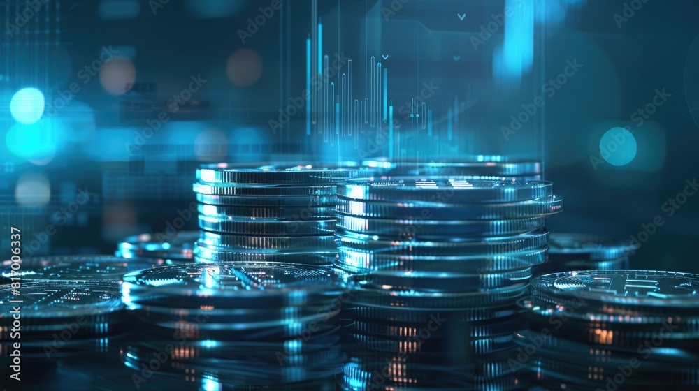 Poster A futuristic holographic projection of a trading chart hovering above a stack of silver coins, representing the intersection of technology and finance. 