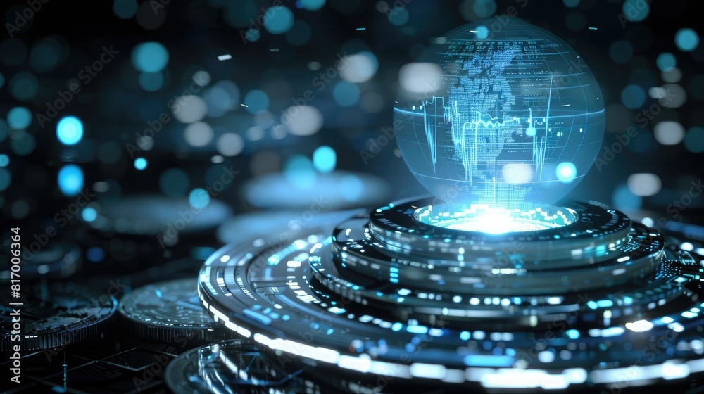 Poster A futuristic holographic projection of a trading chart hovering above a stack of silver coins, representing the intersection of technology and finance