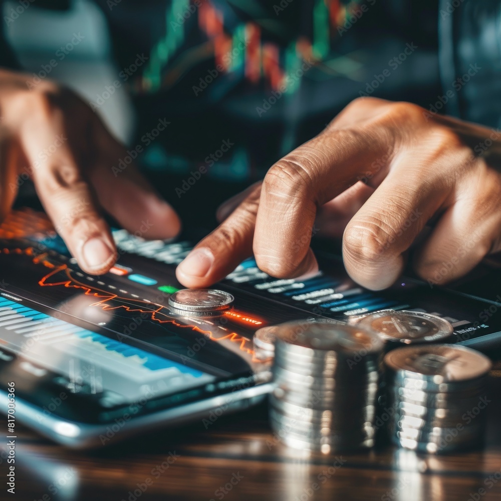 Poster A person using a tablet to trade stocks online with a stack of silver coins and a trading chart displayed on the device. 